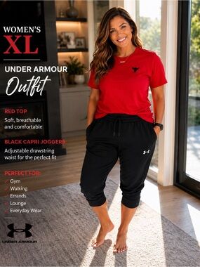 Under Armour women’s XL Black Capri Joggers with project rock orange shirt